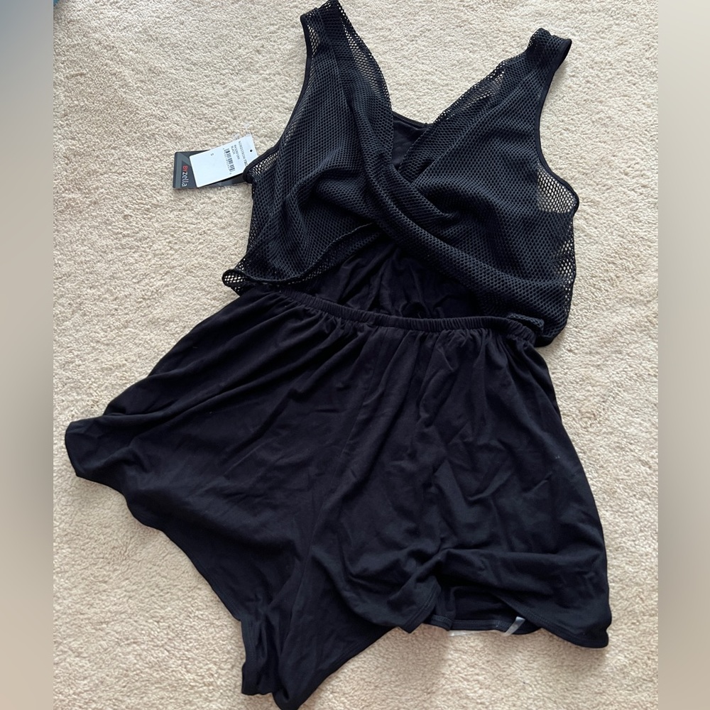 New Zella Romper shorts jumpsuit del sol mesh open twist pockets black small - Picture 3 of 5